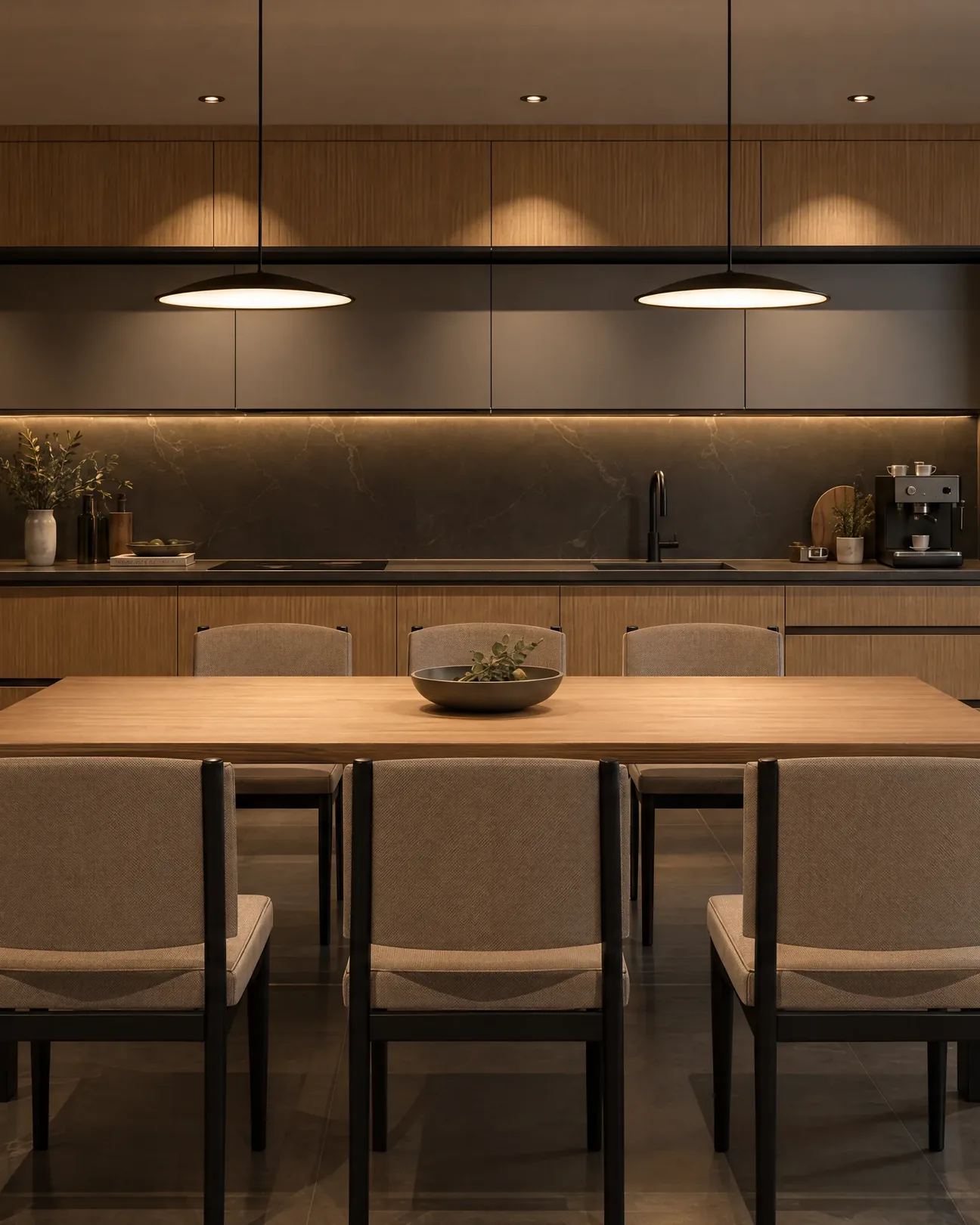 Cucina in legno e laccato antracite con tavolo da pranzo nello showroom virtuale