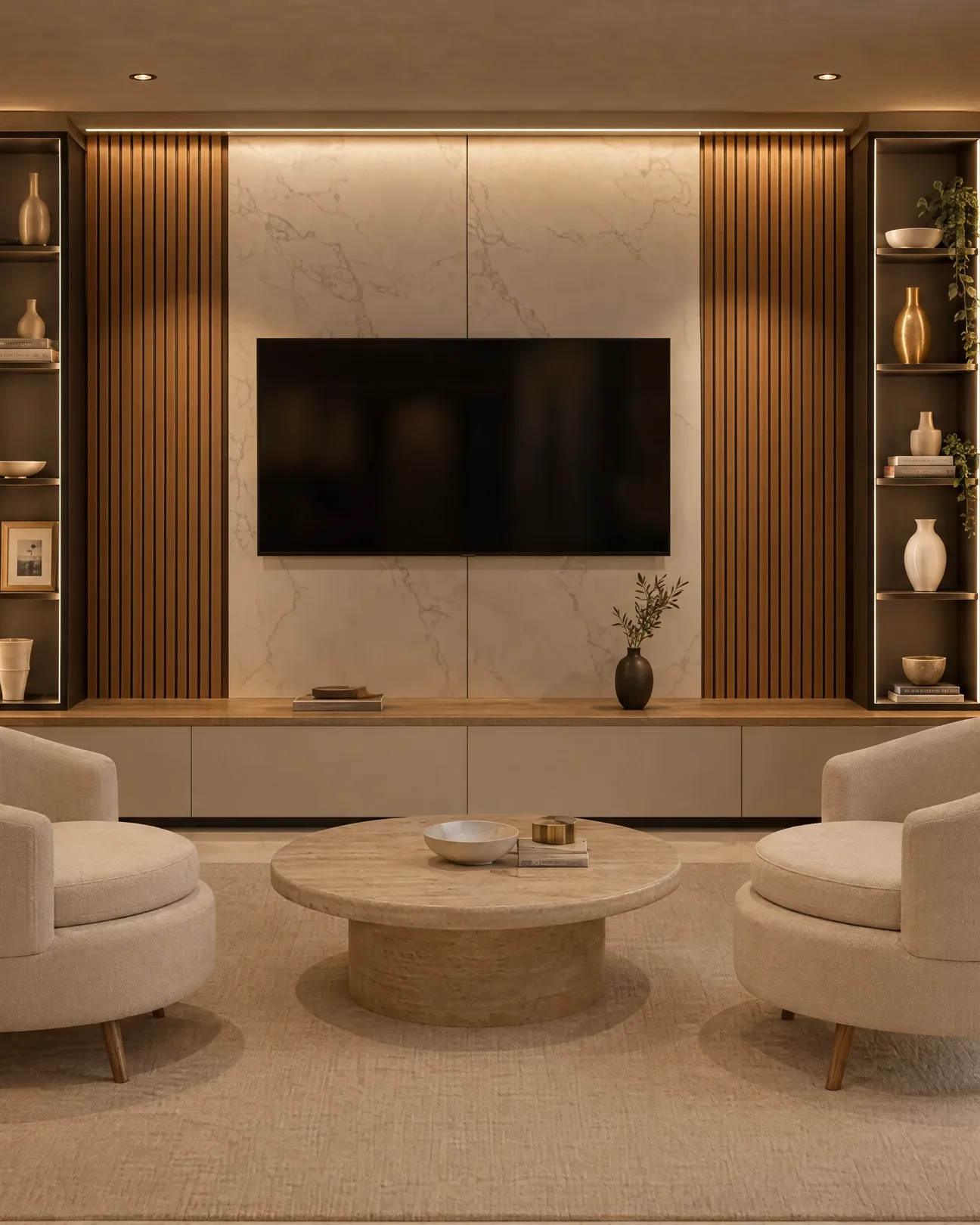 Mobile TV con listelli in legno e salotto nello showroom virtuale