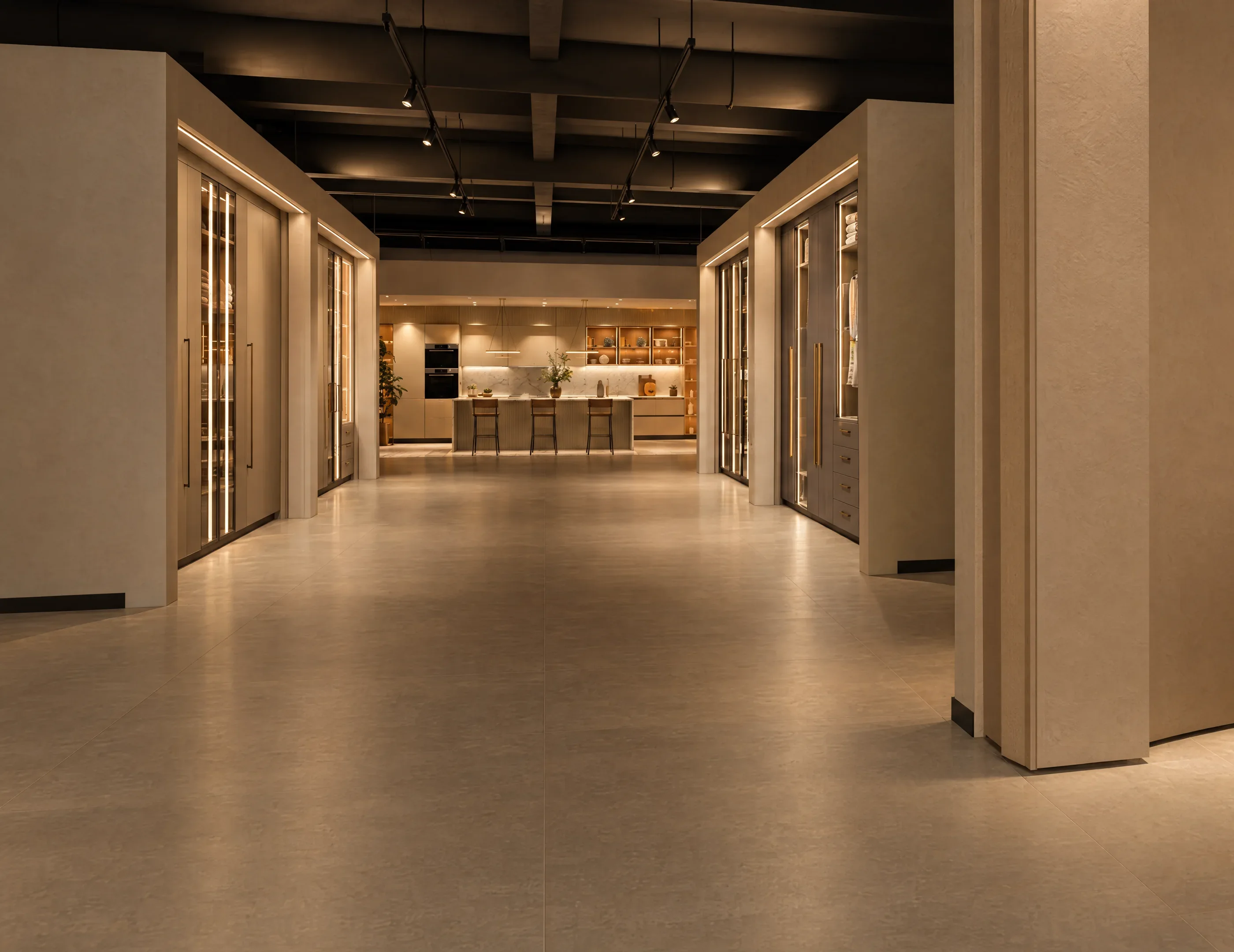 Intrarea în showroomul virtual OMAR KITCHEN STUDIO: dulapuri și bucătării expuse de-a lungul unui coridor iluminat
