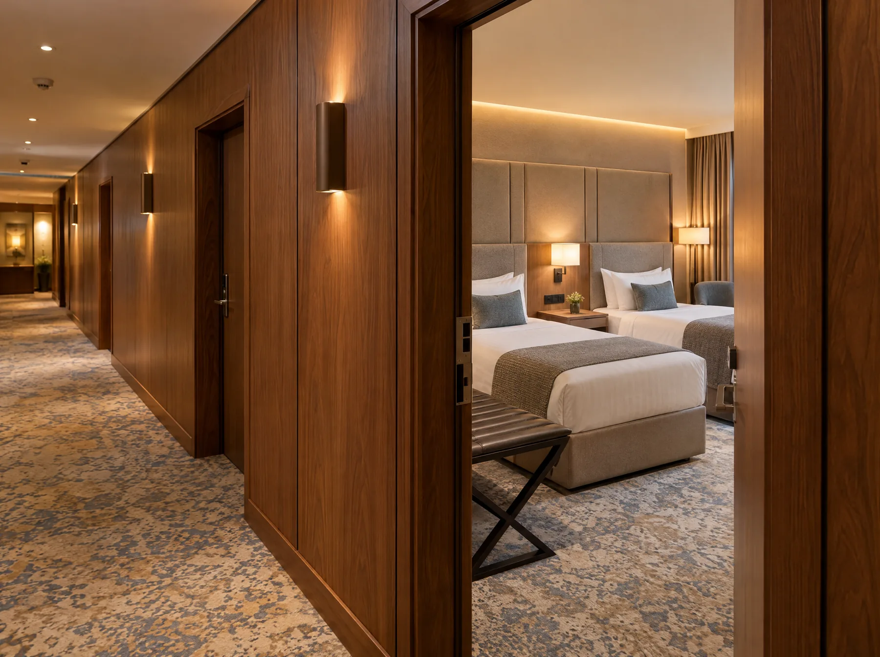 Mobilier de chambre d'hôtel : tête de lit et chevet